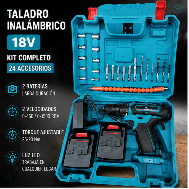 Taladro Inalámbrico 18V con 2 Baterías + 24 Accesorios