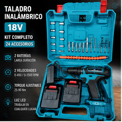 Taladro Inalámbrico 18V con 2 Baterías + 24 Accesorios