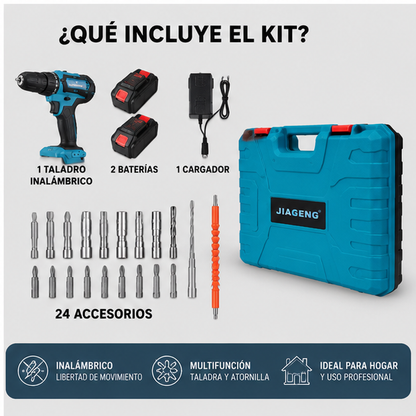 Taladro Inalámbrico 18V con 2 Baterías + 24 Accesorios